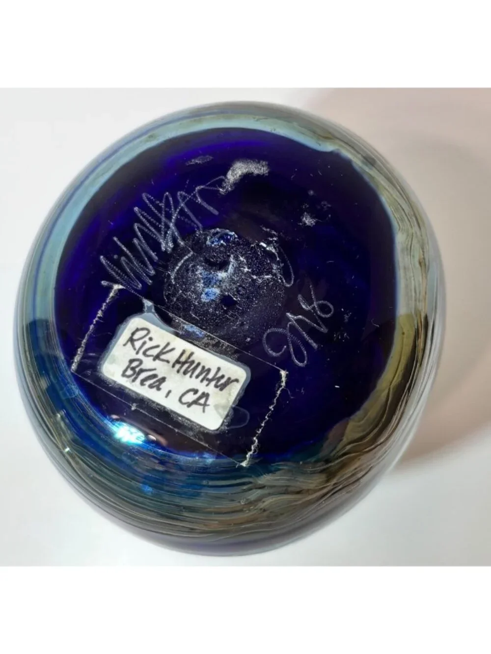Iridescent Blue Art Studio Glass Vase Signed by Artist Rick Hunter Cobalt Blue G